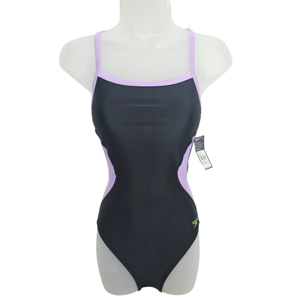 Speedo Women's 10/36 Team Purple Black Splice Flyback One Piece Swimsuit